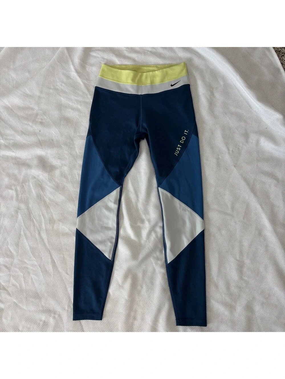 NIKE SMALL BLUE YELLOW GRAY COLOR BLOCK HIDDEN BACK POCKET DRI FIT LEGGINGS